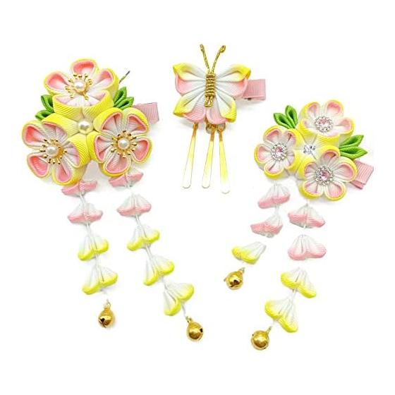 JZOON 3-Piece Hair Accessory Set for Shichi-Go-San, Coming of Age Ceremony, Gradation Tsumami-zaiku Hair Ornaments for Yukata, Hakama, Kimono,