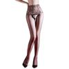 Sexy Leopard Lace Waist Erotic Open Crotch Stockings with Pearl Massage No-Remove Ultra-Thin Glossy Smooth Reflective Black Stoc