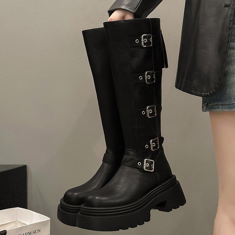 Martin boots women's shoes metal belt buckle thick-soled muffin but knee boots locomotive boots thin boots small long boots