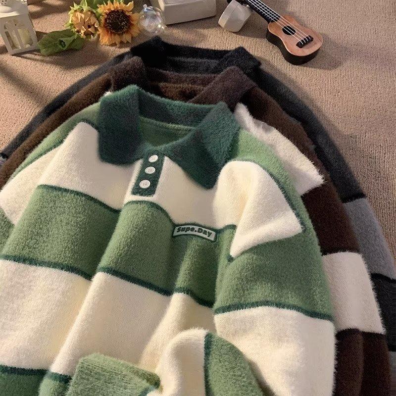 Herren Retro Hong Kong Stil Gestreifter Polo-Pullover - Herbst/Winter Trendiger Locker Gestrickter Revers-Top