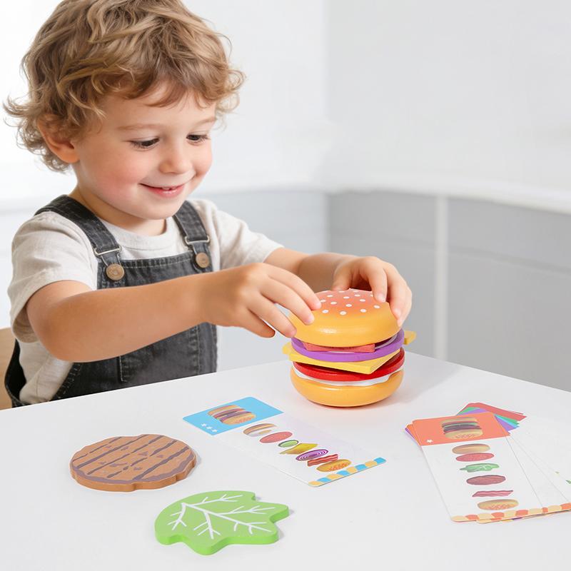 Hamburger Pretend Play Educational Montessori Wooden Toys Simulation Food Matching Stacking Game With Cards For Kids 2 Years Gi