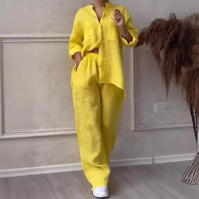 Spring Autumn Women's Plain Single-Breasted Long Sleeve Shirt Wide Leg Trousers Lacing Pants Suit