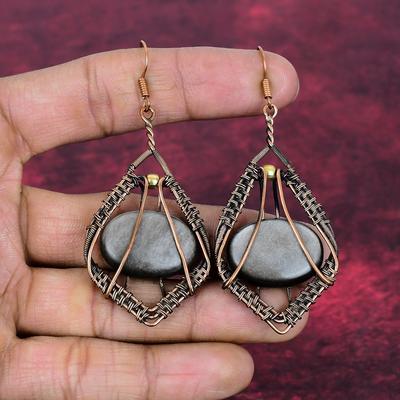 Boucle d'oreille en Obsidienne Scintillante Argentée Pierre Précieuse Véritable Fil de Cuivre Enroulé Bijoux Faits Main