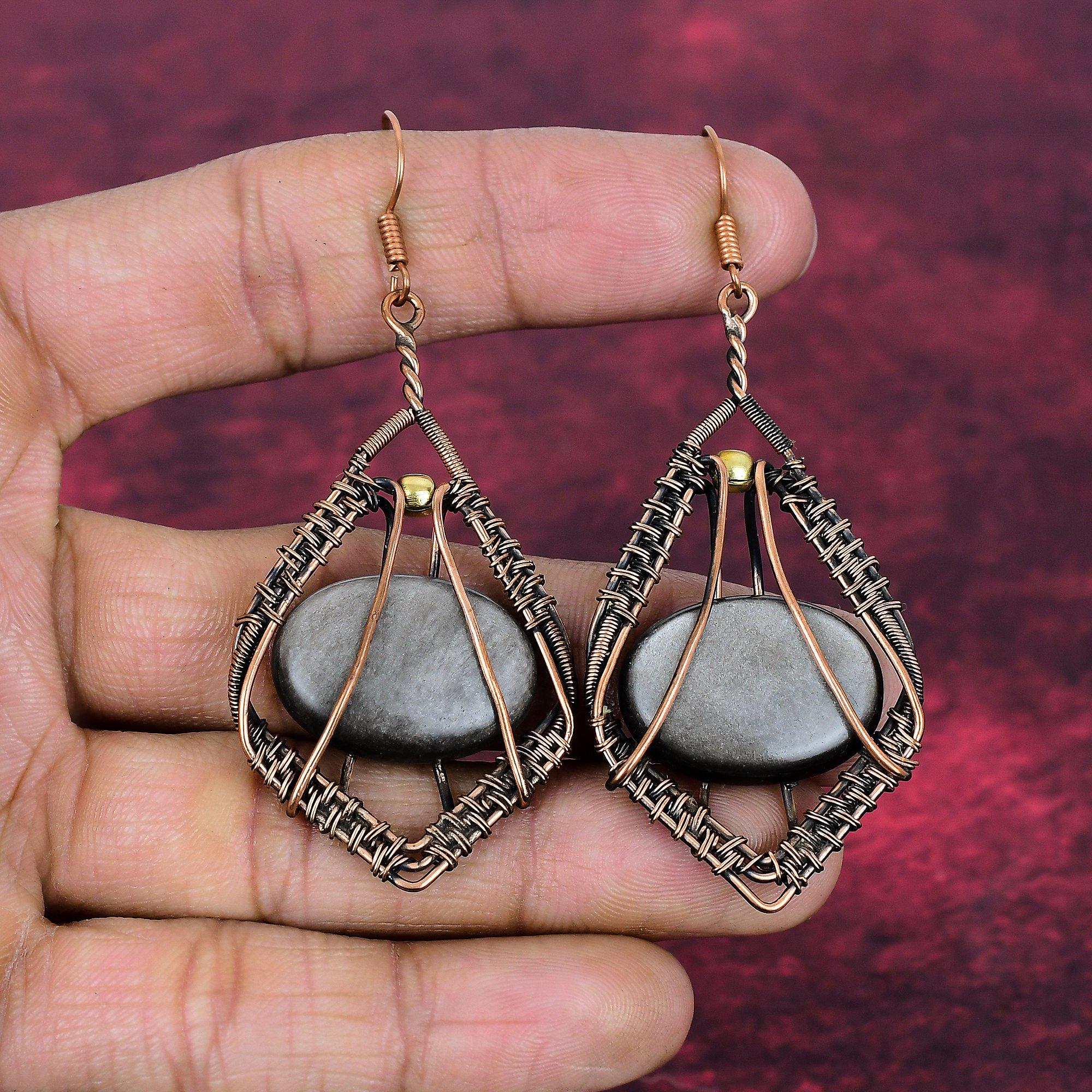 Silver Sheen Obsidian Real Gemstone Earring Copper Wire Wrapped Handmade Jewelry