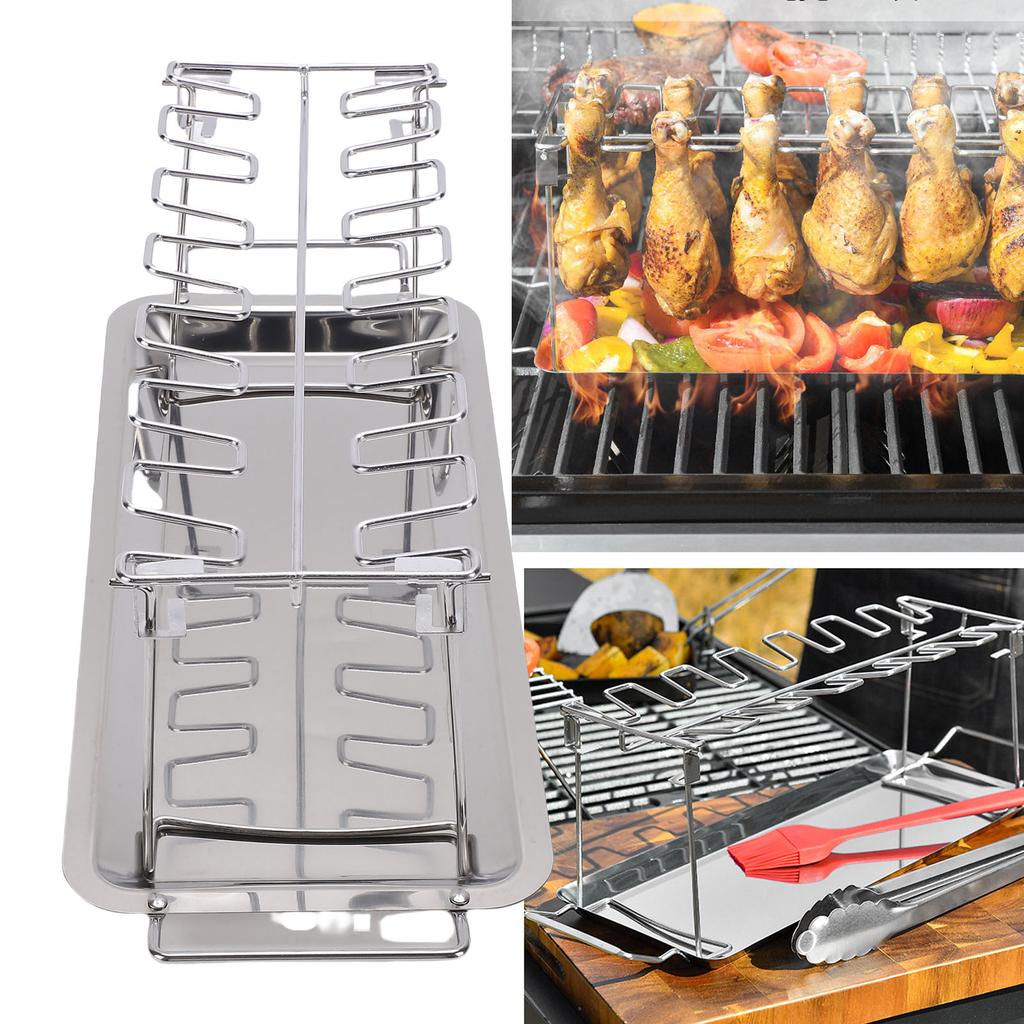 Chicken Leg Grill Rack with Drip Tray Foldable 12 Slots Stainless Steel BBQ Drumstick Holder Stand for Ovens Grills Smoker