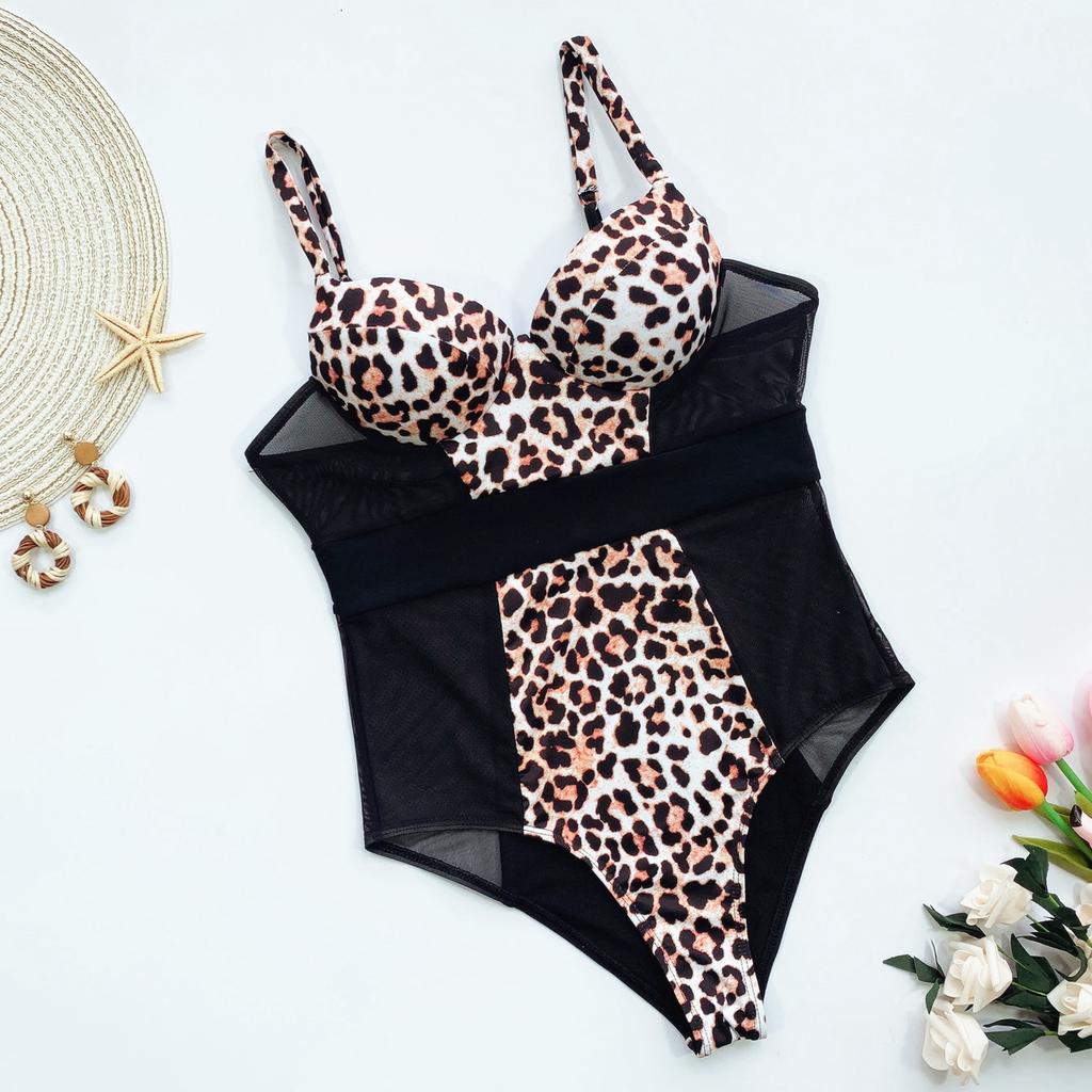 Women Leopard One Piece Swimsuit Mesh Stitching Bikini with Underwire Sexy Beachwear