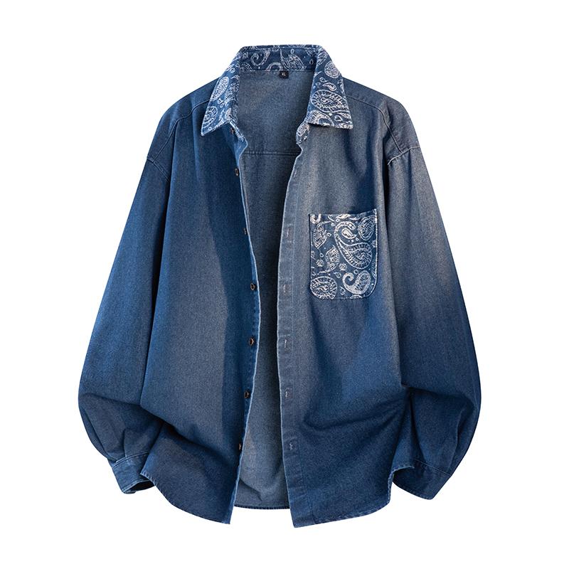 Denim Shirt for Man Long Sleeve Paisley Floral Patchwork Loose Camisas Streetwear Vintage Mens Hip Hop Cowboy Jean Shirts