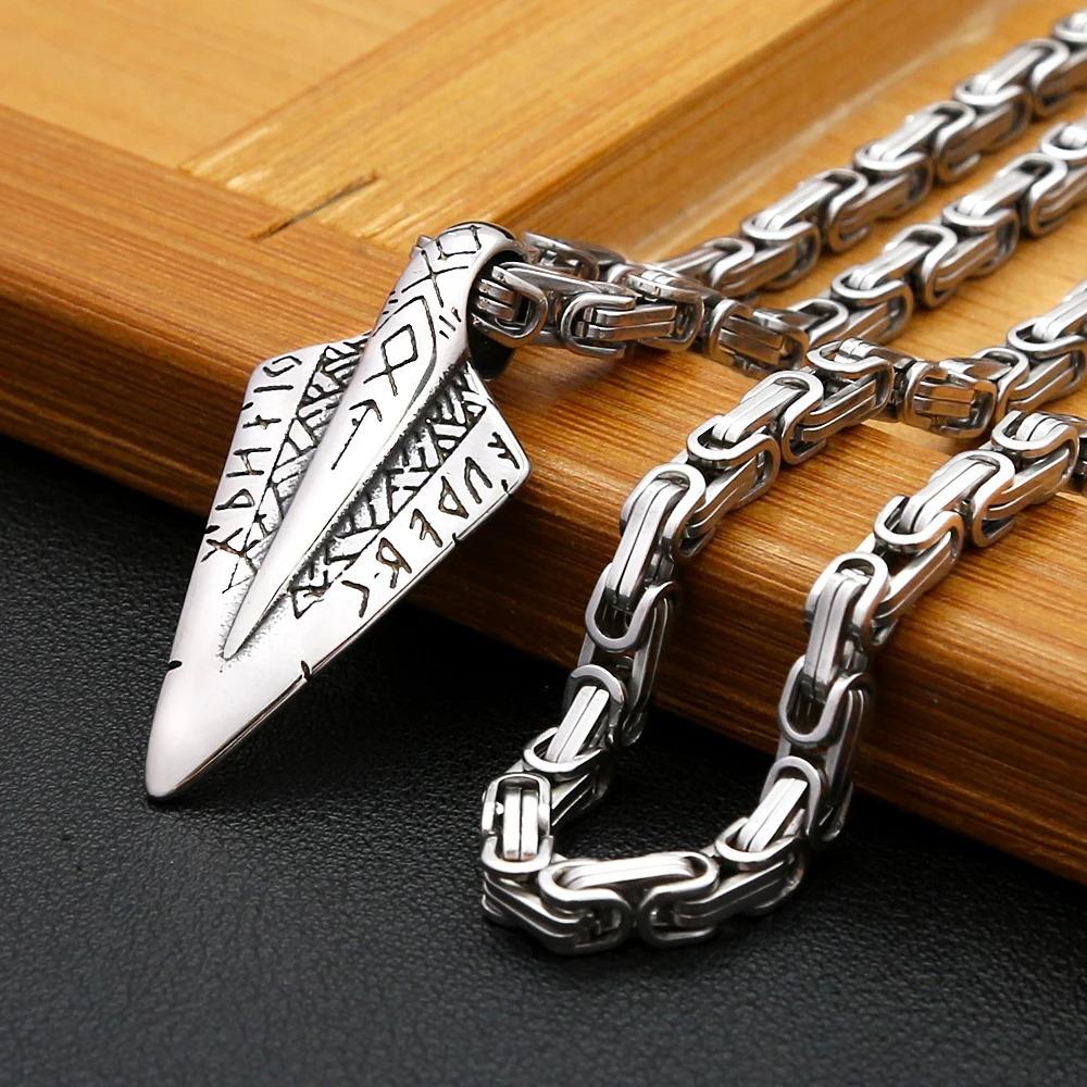 Viking Punk Arrowhead Pendant Stainless Steel Men Necklace Rune Sword Jewelry