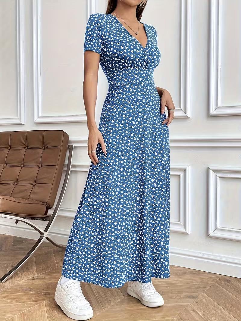 European & American Floral V-Neck Mid-Length Dress Small королевский синий