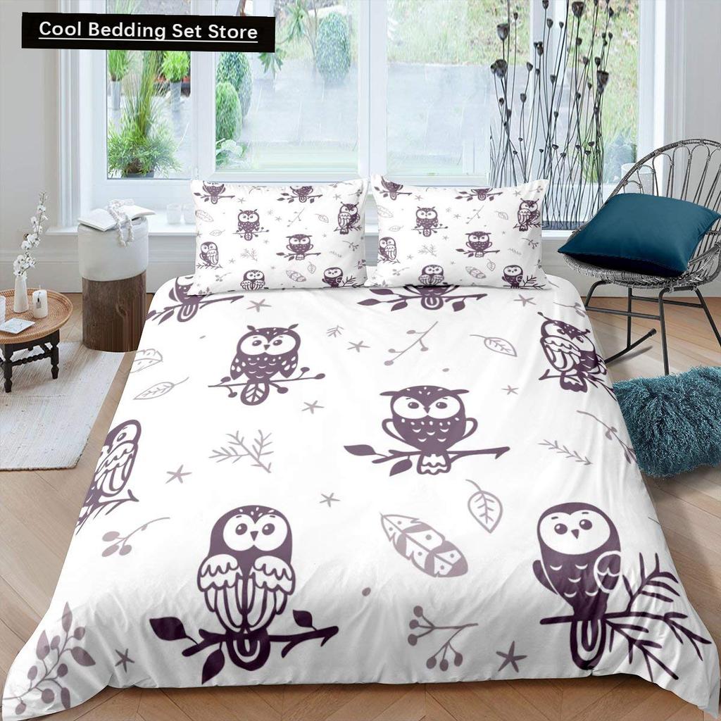 Black Owl King Queen Duvet Cover Moon Safari Bird Animal Bedding Set Lovely Wildlife Quilt Cover Grey Polyester Comforter Cover