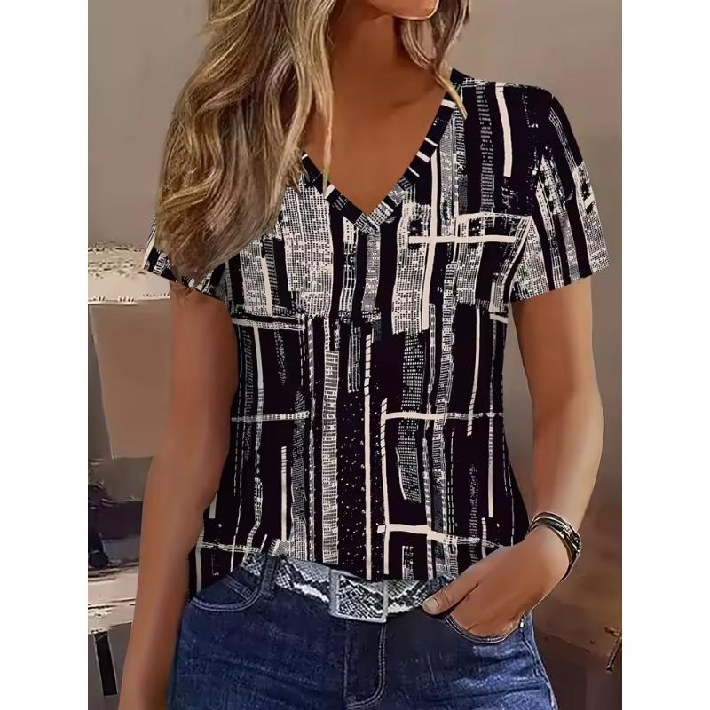 Vintage Summer New Women's 3D Plaid Print T-Shirt V-Neck Short Sleeves Tees Y2k Fashion Female Tops Streetwear Women's Clothing