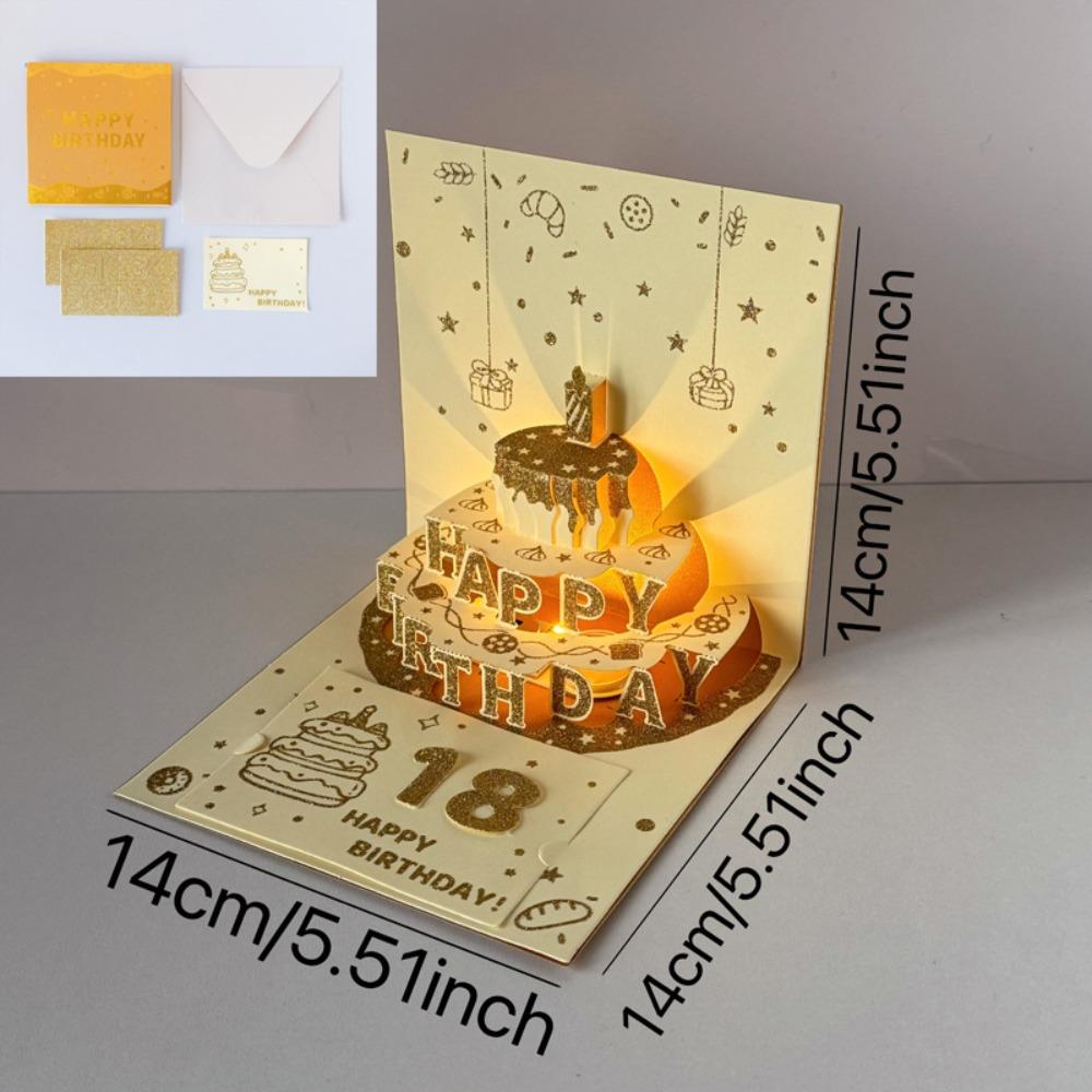 3D Happy Birthday Card Four-Layer Birthday Cake with Automatic Music Lighting Musical Light Greeting Card Pop Up with Envelope