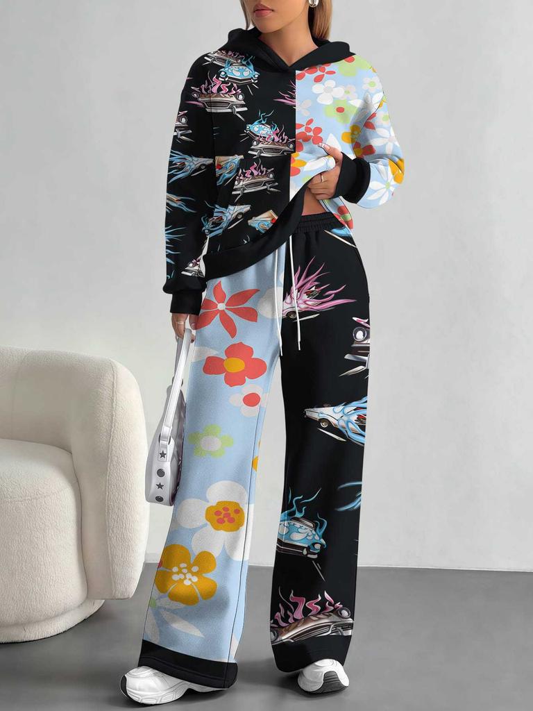 Retro Pattern Splicing European, American Autumn And Winter Casual Long-Sleeved Suit Women'S Hooded Sweater Trousers Two-Piece Set