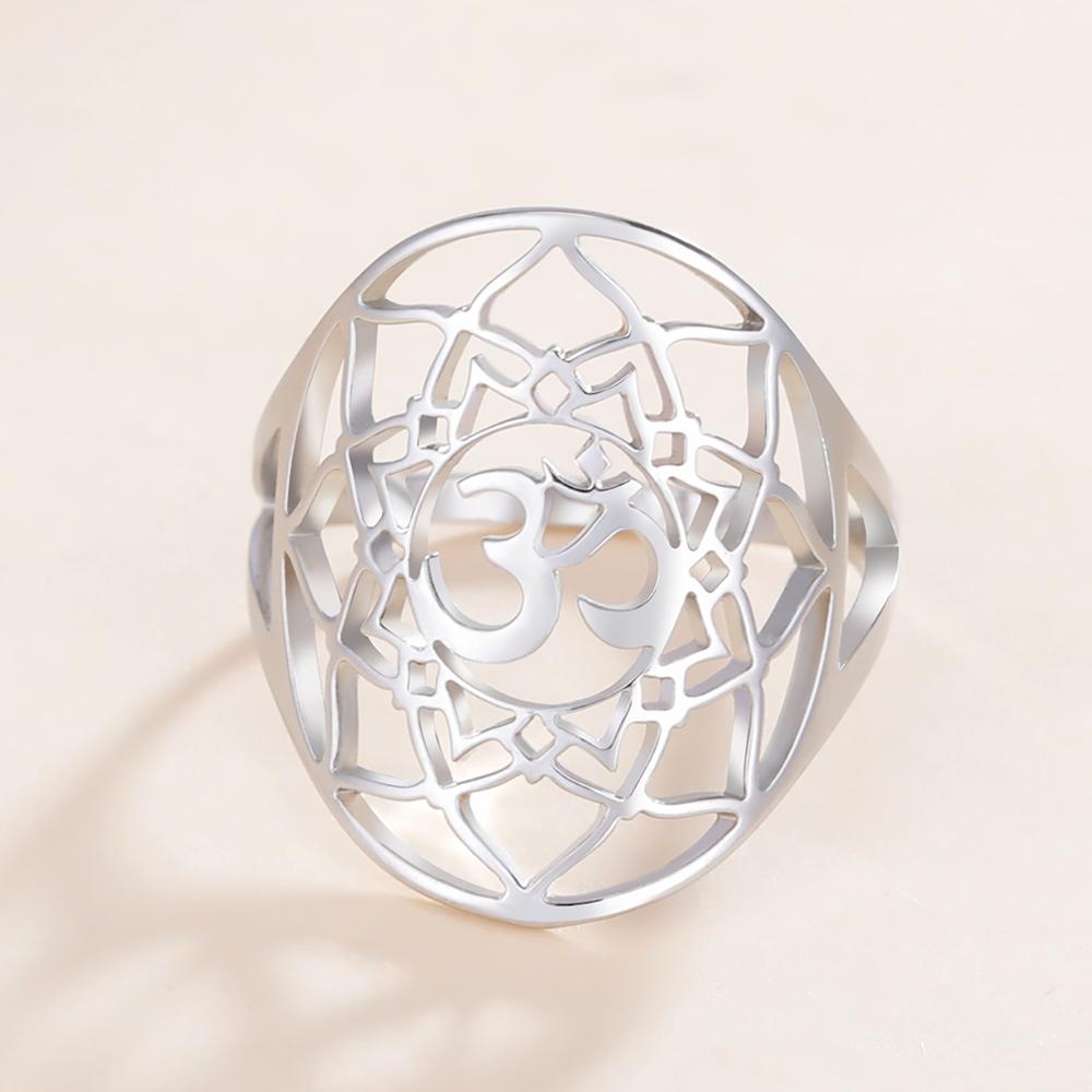 Dawapara OM Symbol Rings for Women Lotus Flower Chakra Mandala Ring Hinduism Stainless Steel Wedding Band Fashion Jewelry 7