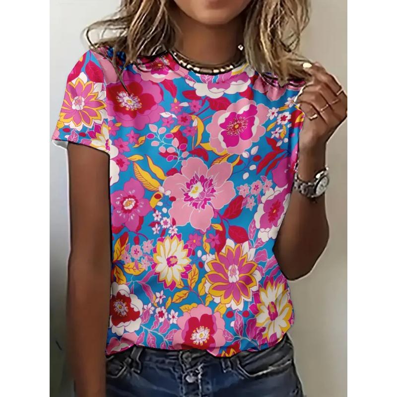 Fun Plants Pattern T Shirt For Women Colorful Flowers 3D Printed Short Sleeves Tees Summer