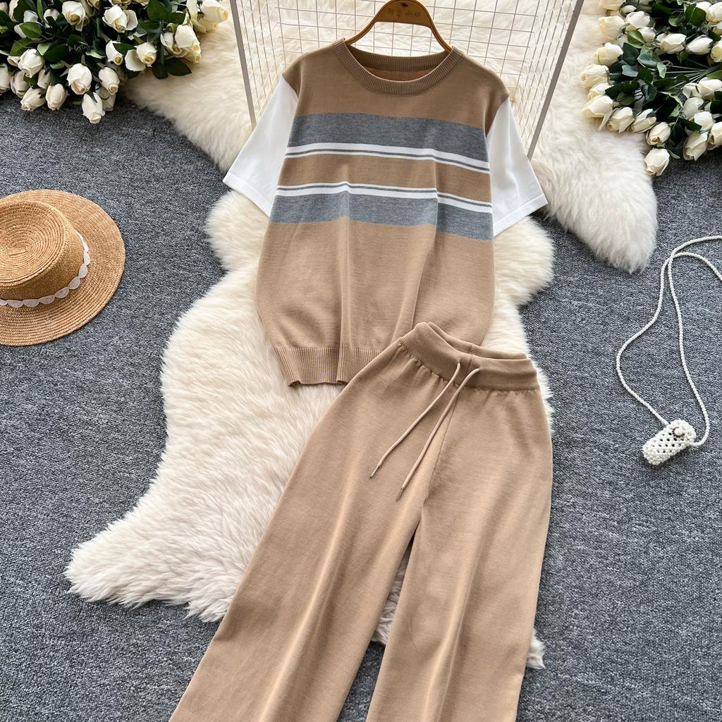 Sommer Damen Strickpullover Hose Zweiteiliges Bekleidungsset Kurzarm Rundhals Gestreifter Pullover Tops und Weitbeinige Hosenanzug