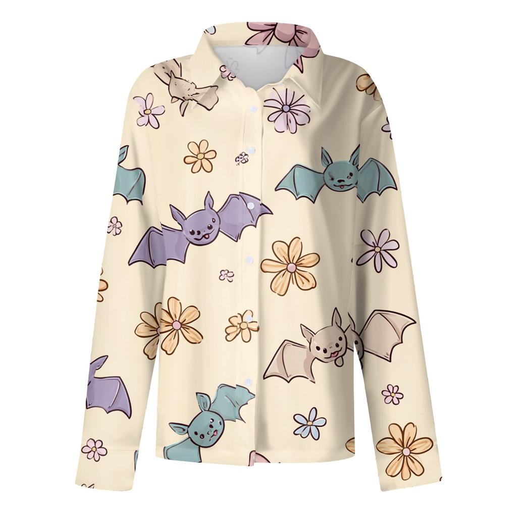 Women's Halloween Printed Casual Half-Open Collar Long Sleeve Shirt