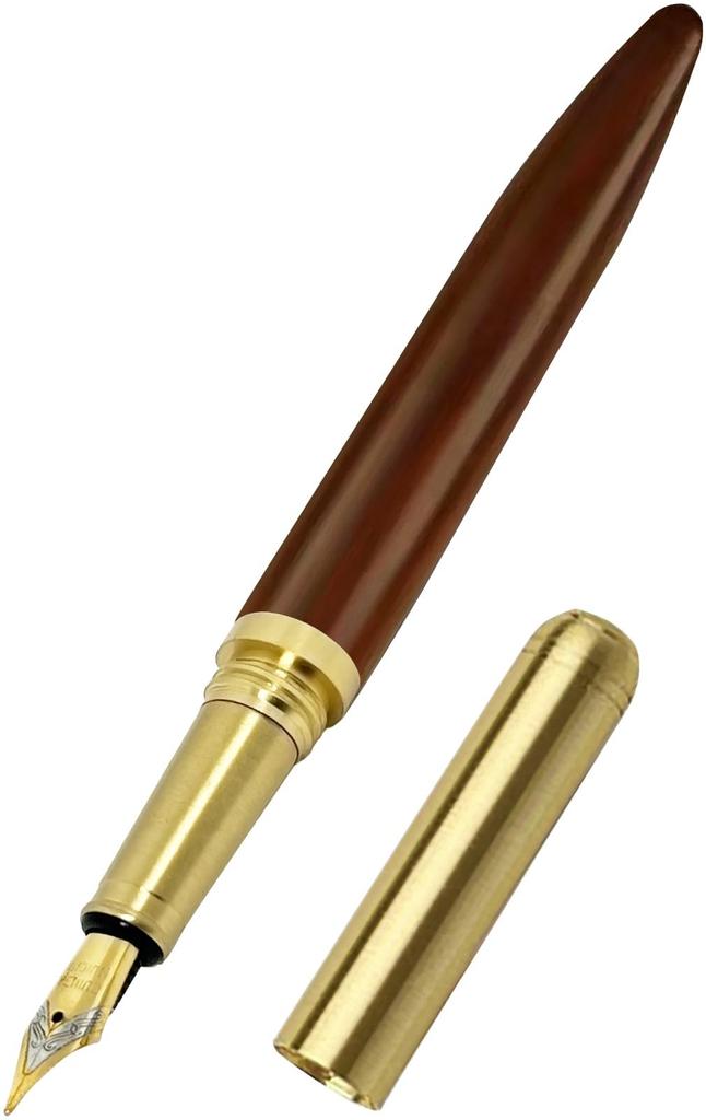 Retro Brass Fountain Pen with Wooden Gold Cap and Perfect for and Includes a Wooden Pencil Case UB-Lab. Screw-On Closure, Notebooks, Books, Letters,