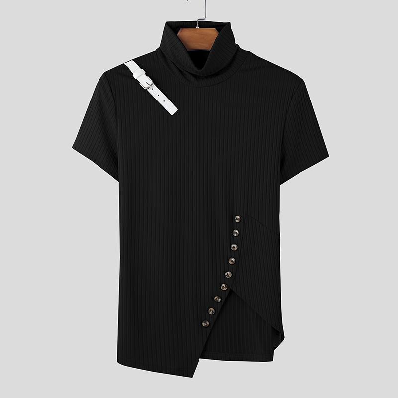 

INCERUN Men High Neeck Short Sleeve Shoulder Strap Patchwork Casual Irregular T-Shirts Tops 2XL чёрный