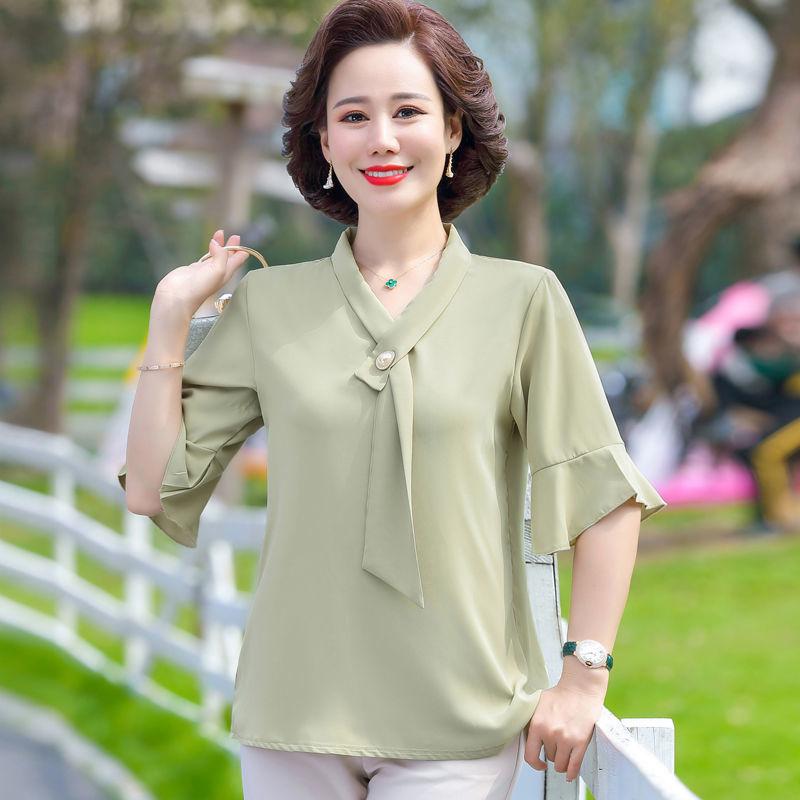 Topuri din șifon de damă Cămașă moale de vară pentru mame Cămașă pulover cu mânecă scurtă Femei de vârstă mijlocie