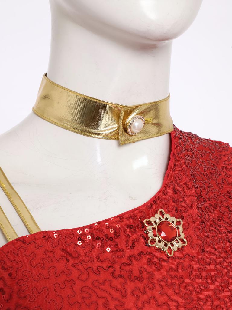 Womens Arab Princess Costume Belly Dance Design Gem Decor Contrast Color Shiny Tulle Overlay Jumpsuit