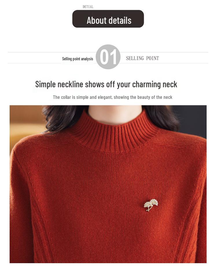2024 Autumn/Winter Women's 100% Wool Loose Half-High Neck Knit Sweater