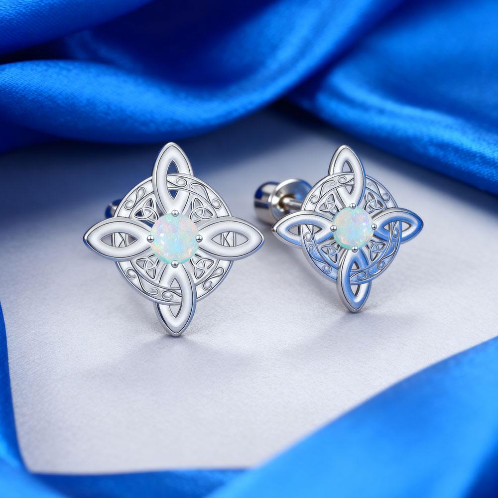 Natural Opal Stone Witches Knot Stud Earrings  Thai Silver Protection Amulet Earrings Jewelry for Women