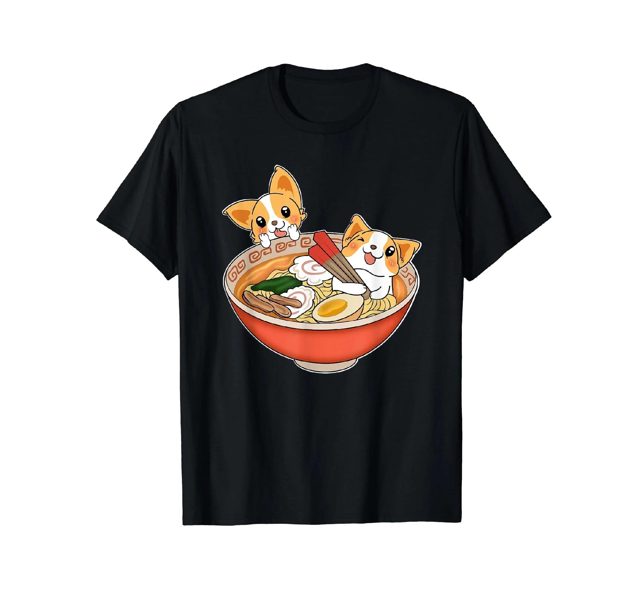 Kawaii Corgi Ramen Bowl Cute Dog Eating Noodles Graphic Tee Unisex T-Shirt S чёрный