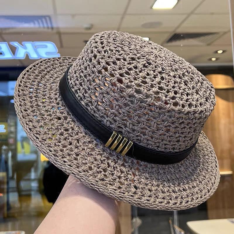 Lightweight Breathable Straw Boater Hat Hollow Out Leather Trim UV Protection Cap for Beach Travel Summer Outdoor Use