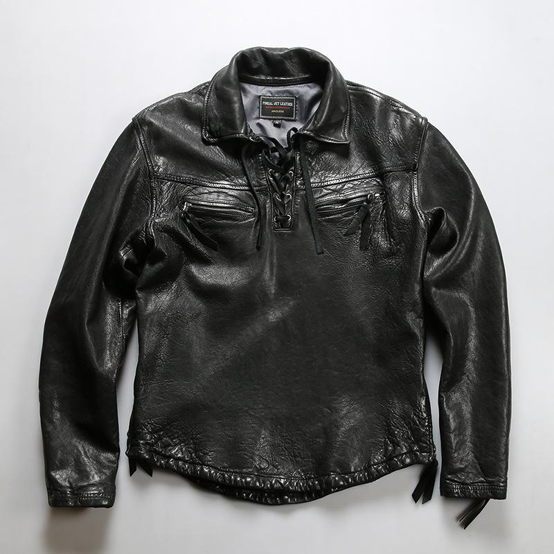 Lapel casual leather sweater men's heavy washed vegetable tanned sheepskin deck suit leather jacket