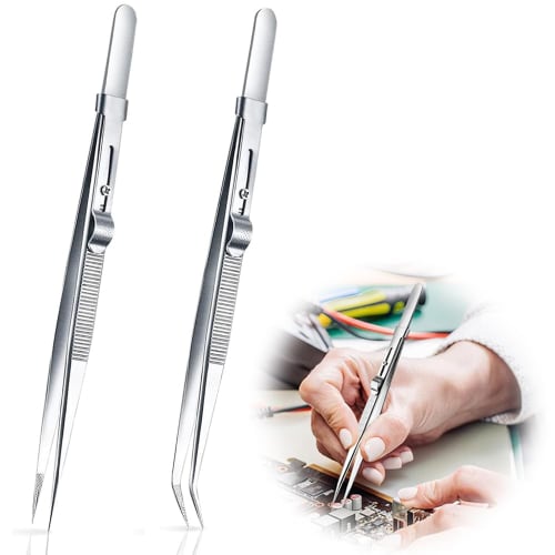 2-Piece Stainless Steel Tweezers with Lock and Adjustable Anti-Slip Surface for Jewelry Making, Model Making, Crafts, Watches, and Electronics, Precis
