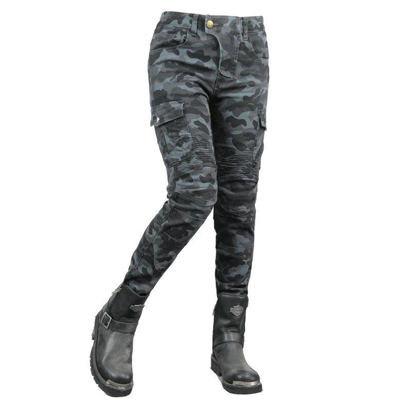 VOLERO+ג'ינס לאופנוע נשים+מכנסי מירוץ לאופנועים Camo אלסטי מכנסיים להגנה מפני נפילה+מגן שדרוג