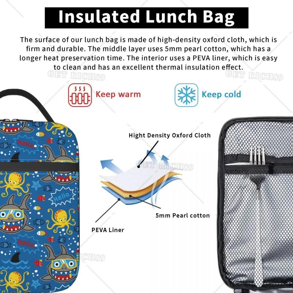 Marine Animals Cartoon Kids Insulated School Lunch Boxes For Boy Shark Octopus Lunch Container Portable Cooler Thermal Bento Box