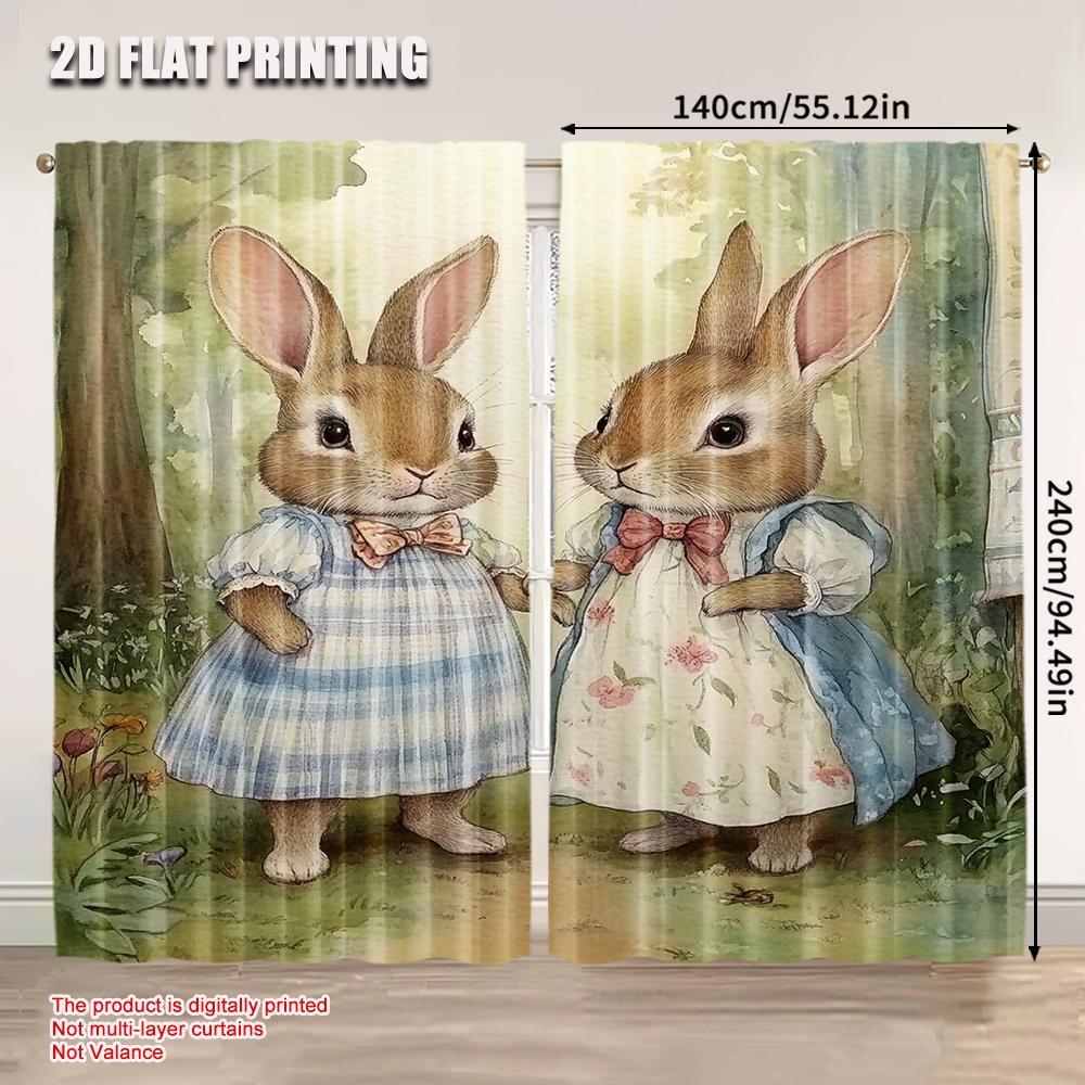 Victorian Rabbit Sisters Curtains Featuring Pair Young Bunnies Dresses Home Living Room Bedroom Kitchen Set Of 2 Made Polyester Sitting Decor