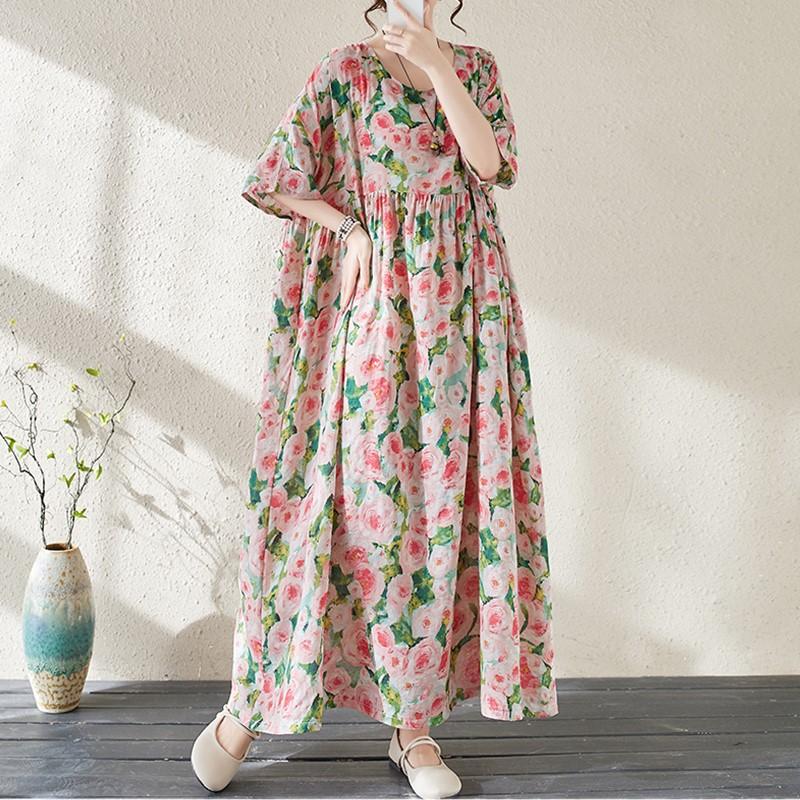 Κοντό μανίκι Plus μέγεθος Βαμβακερό Vintage Floral Νέο σε Φορέματα για Γυναικεία Casual Loose Long Summer