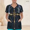 Women Plus Size Eagle Printed Nurse Scrub Top V Neck Short Sleeve With Front Pockets