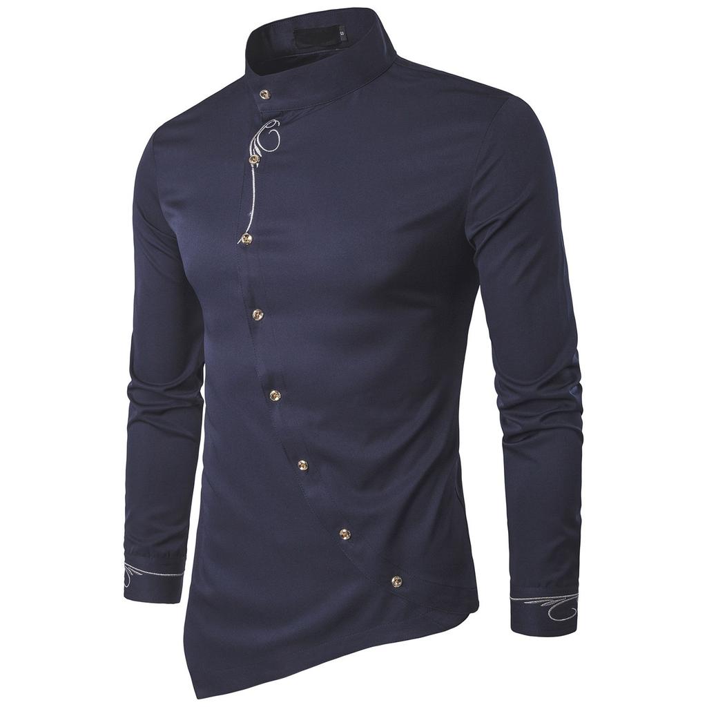 Men's Casual Slim Shirt Striped Solid Color Irregular Shirt Loose Plus Size Shirt