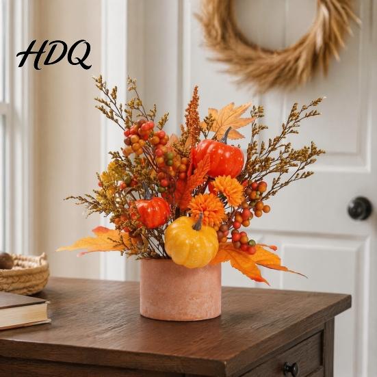 Thanksgiving Harvest Ornament Fall Pumpkin Flower Arrangement Artificial Maple Berry Potted Plant Holiday Window Display for Thanksgiving,
