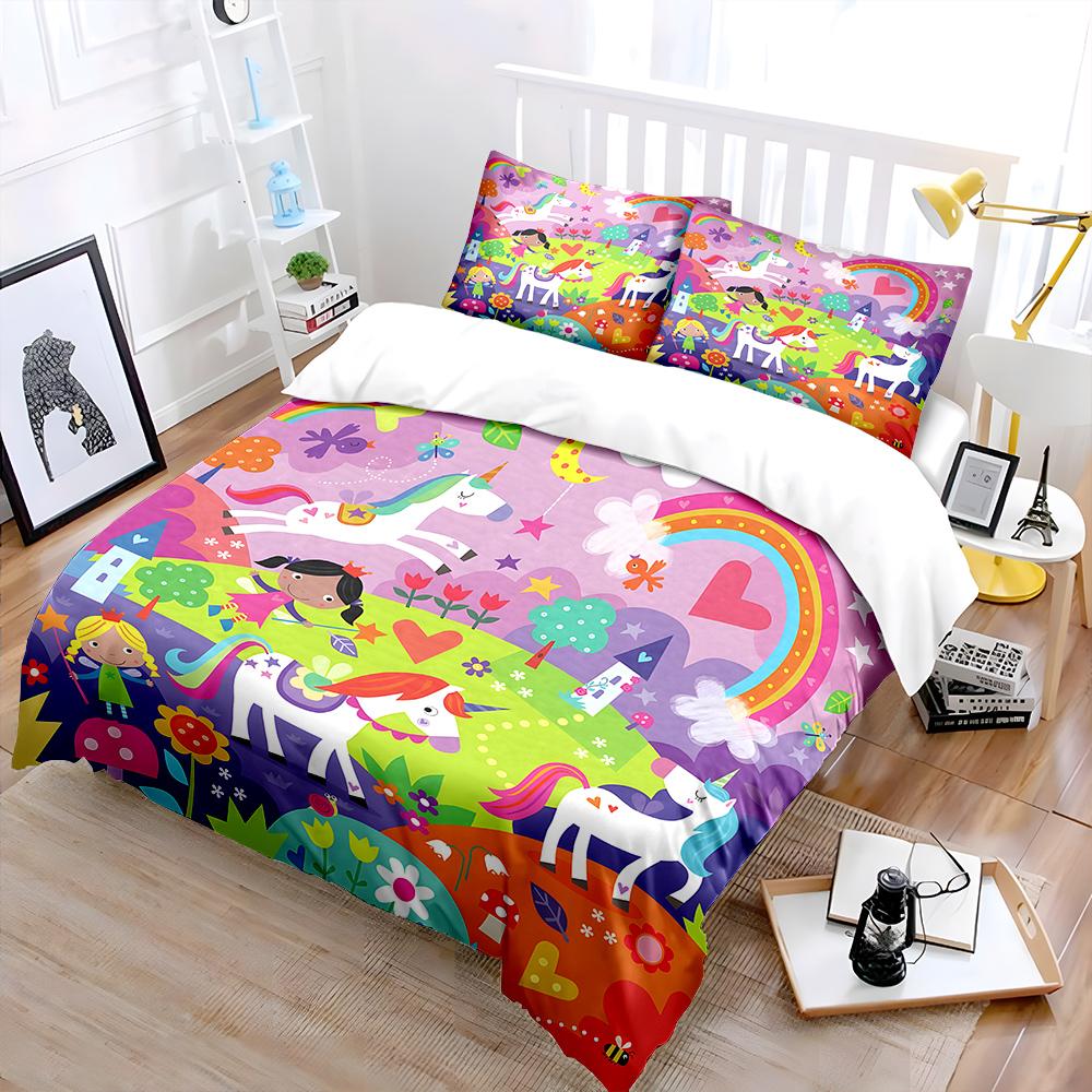 Rainbow Unicorn Fairy Tale Scene Bedding Set for Kids Luxury Gift 3pcs Digital Print Comforter Set Soft Comfortable Breathable