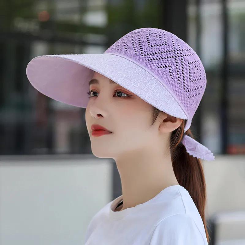 

WTEMPO Spring Summer Hollow-out Foldable Sunscreen Hats Female Solid Color Wide Brim Holiday Travel Beach Breathable Sun Peaked Caps 1pc фіолетовий