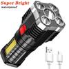 Flashlight USB Recharge 5 LED Light COB Side Light Power Display Outdoor Portable Lamp 4 Mode Waterproof Rechargeable Torches