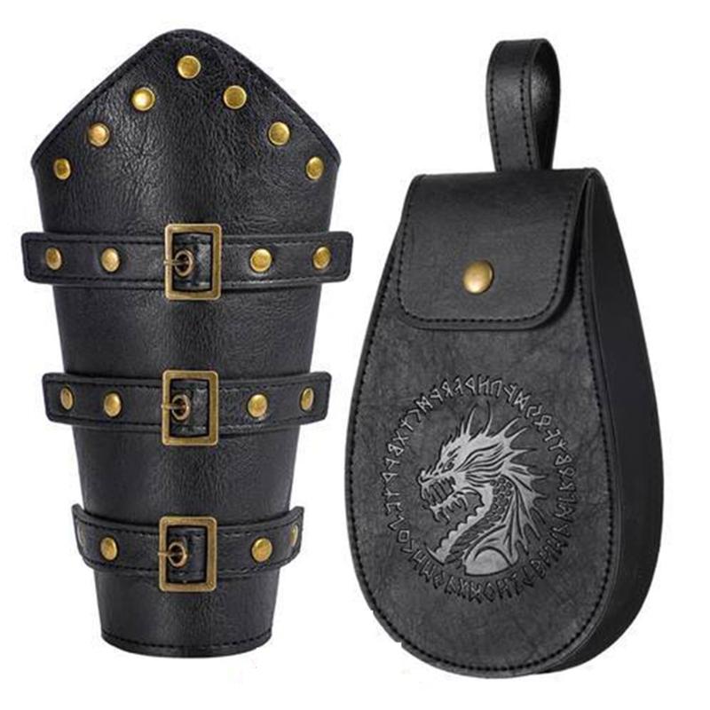 Renaissances Vikinges Costume Accessories,Medieval Pirate Leather Bracers Belt Pouch Halloween Renaissances Cosplay Costume
