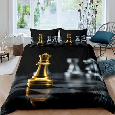 Juego de Funda Nórdica de Ajedrez Internacional Tamaño Queen Juego de Cama para Amantes del Ajedrez para Niños Adultos Microfibra Base Negra 2/3 piezas Cubre Edredón