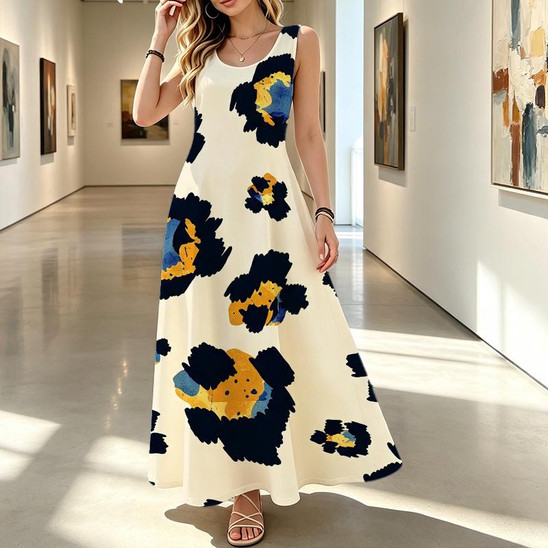 A-Line Sleeveless Maxi Dress,Loose Fit Lightweight Big Floral Design,Versatile Casual Dress for Daily,Outdoor,Vacation,Ideal for Spring Fall Layering