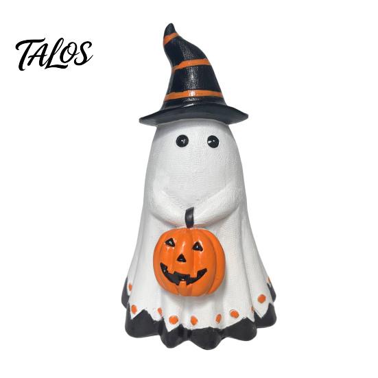 Spooky Ghost Decoration Halloween Figurine, Cute Wearing Hat And Holding Cool Patterns Pumpkin Statue, Resin Ornament for Shelf Tabletop Decor