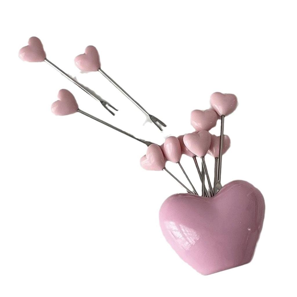 Zestaw widelczyków deserowych ze stali nierdzewnej w kształcie serca - Uroczy dwuzębny design do ciast i owoców