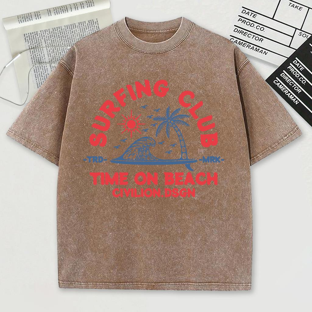 Surfing Club Time On Beach Civilion Print Retro Tee Shirts Summer Cotton Loose Men T Shirt Soft Sportwear Washed Clothes