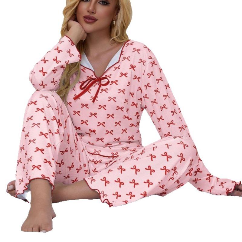 Women's Long-Sleeve Long-Pants Pajama Set with Small Collar Ribbed Texture and Bow