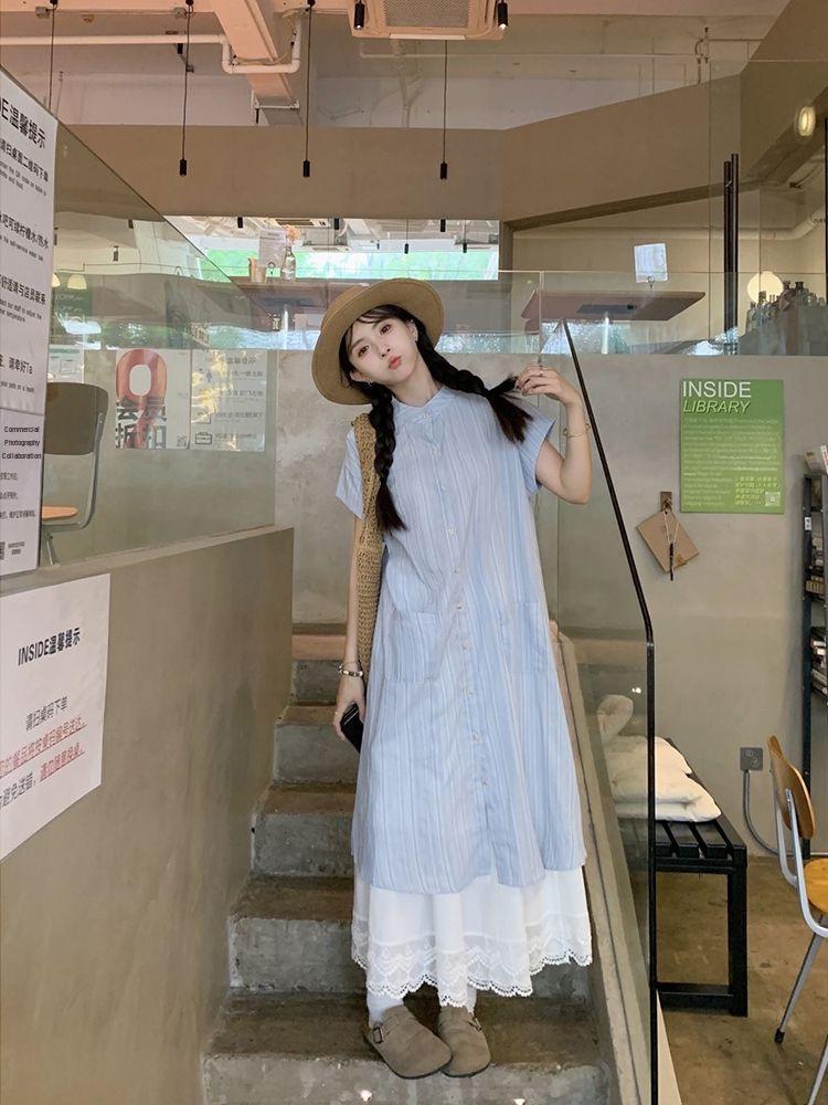 Women's Blue Striped Short-Sleeve Loose A-Line Shirt Dress, Summer 2024 Korean Style