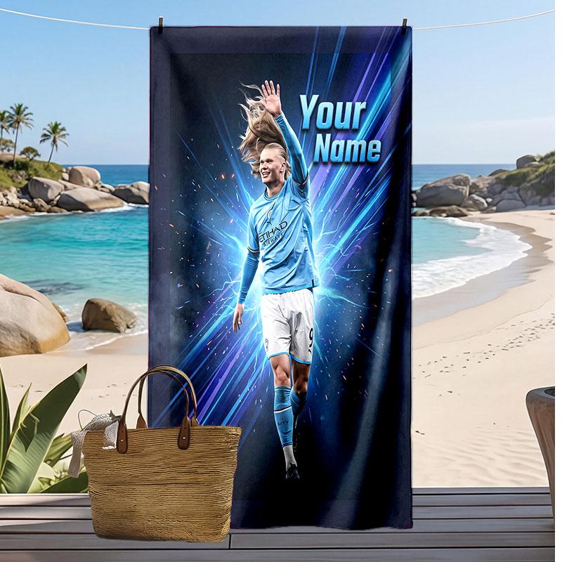 Asciugamano da Spiaggia Personalizzato Stampato Erling Haaland Logo Calcio Supporto Nome Personalizzato Testo Asciugamano Assorbente Per Sport Viaggio Regalo Speciale